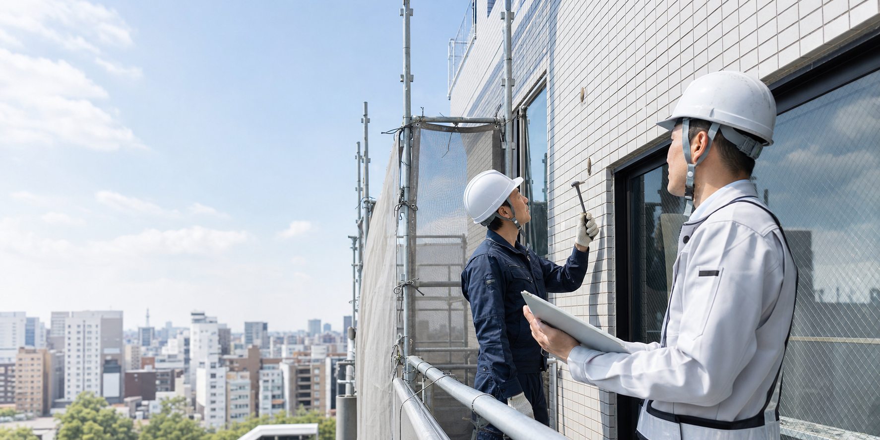 白いヘルメットの作業員が外壁タイルを点検する様子