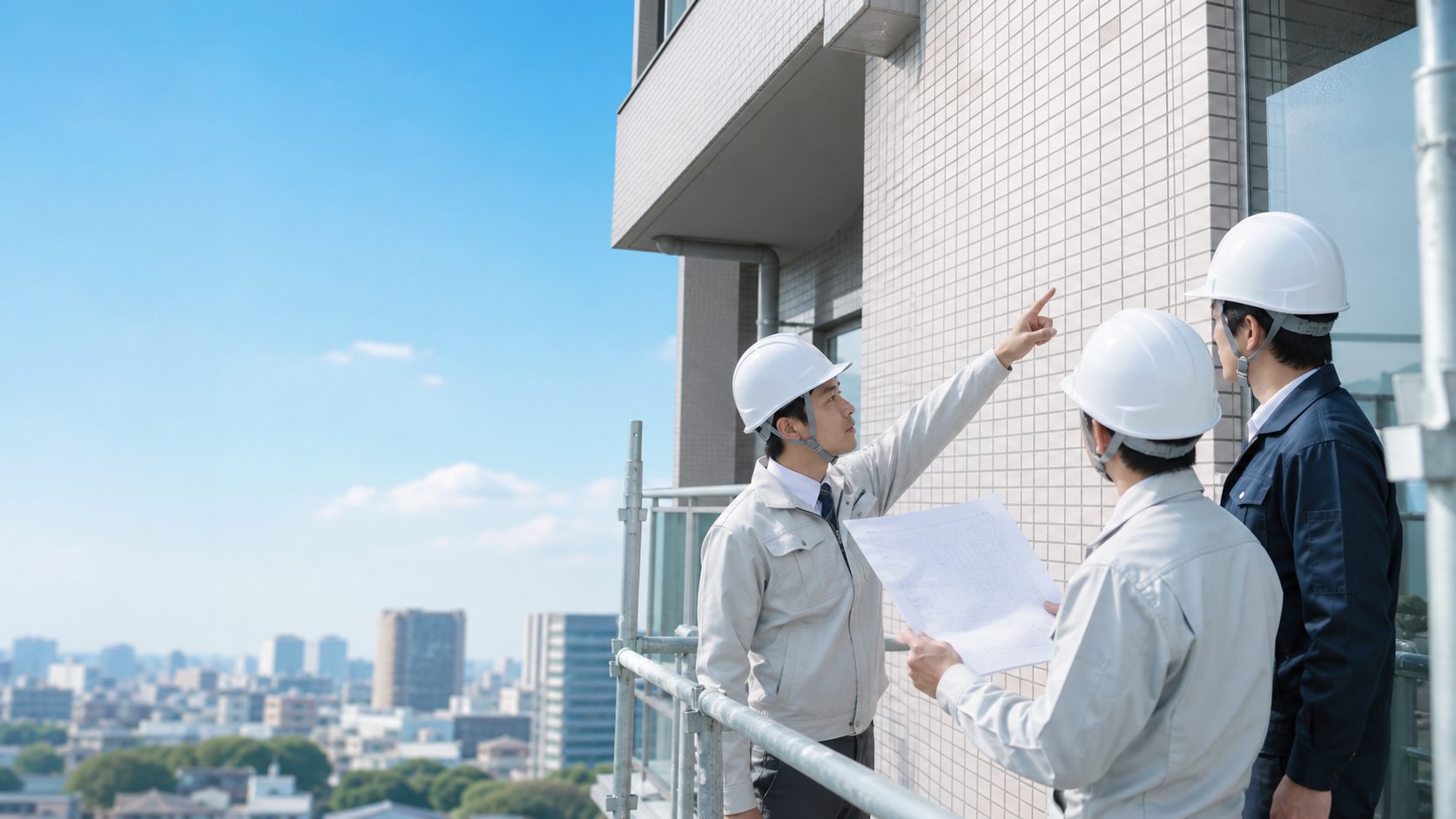 作業員が建物外壁の状態を確認する様子